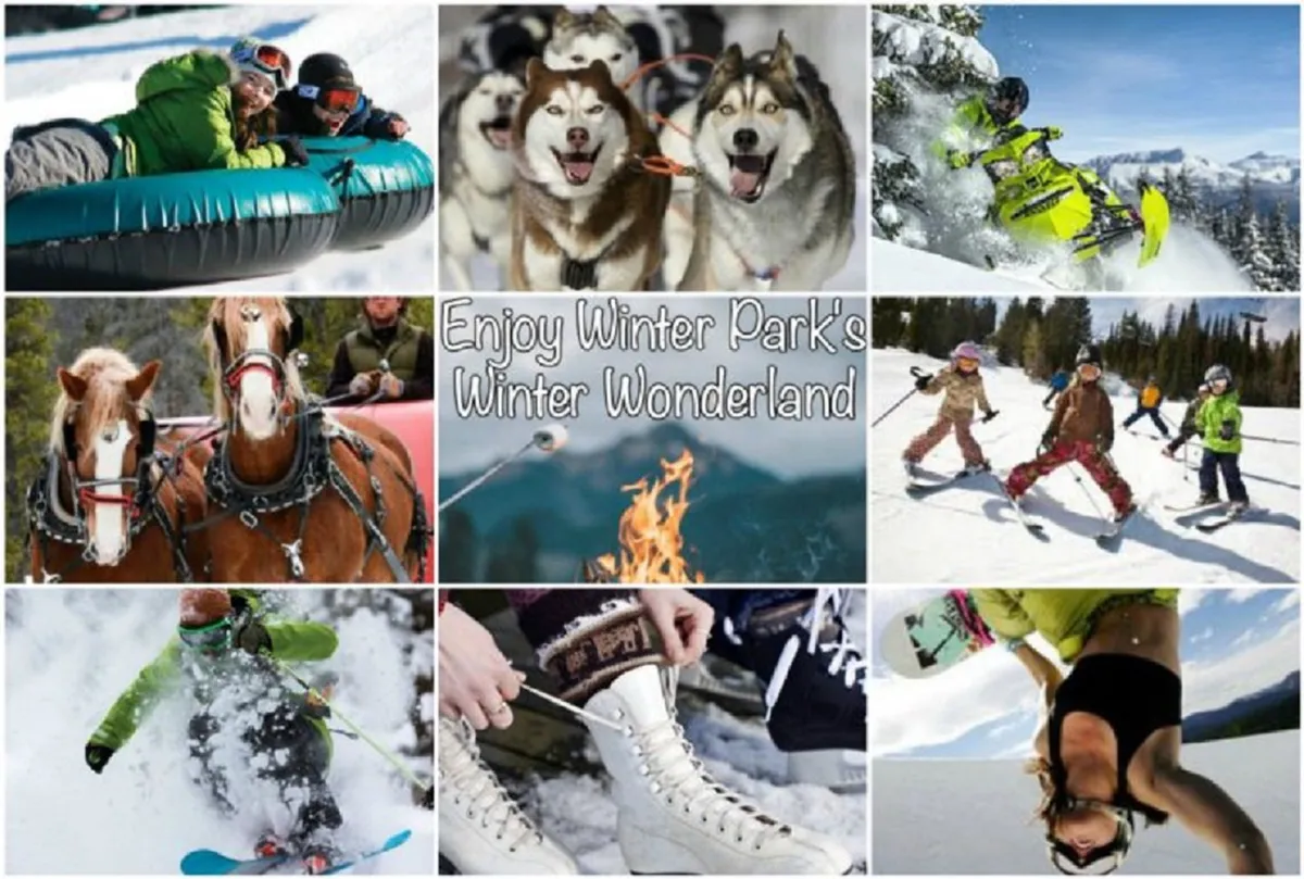 A vibrant outdoor winter scene filled with people tubing down snowy slopes, huskies pulling a sled, children playing in the snow, snowboarders and skiers in action, and a glowing bonfire surrounded by ice skates. The image captures the buzz of various snowy adventures and joyful group activities.