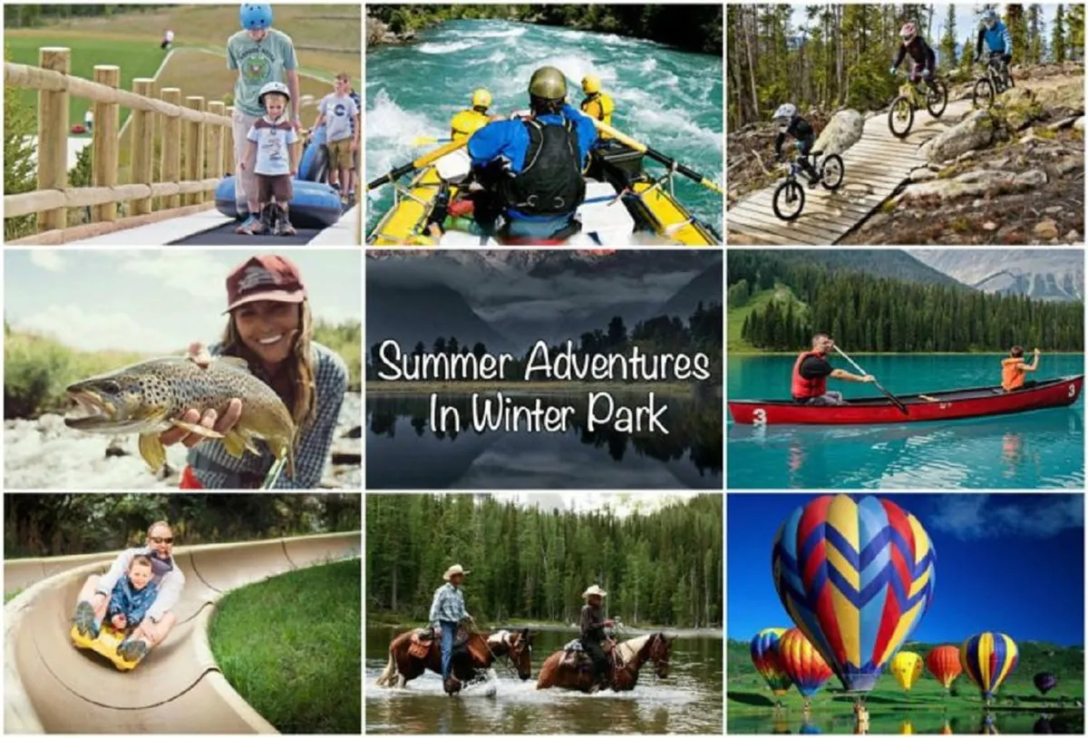 An exterior scene bustling with families enjoying a variety of outdoor activities, including children laughing on a waterslide, kayakers on a nearby river, people biking scenic trails, and hot air balloons drifting above. The joyful, adventurous mood and visible playfulness capture the spirit of family-friendly outdoor fun.