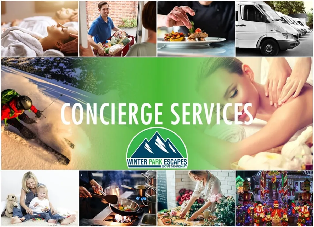 A vibrant collage highlighting concierge services, a variety of activities including skiing, spa treatments, family bonding, cooking, and festive celebrations—all branded with the Winter Park Escapes logo. The image exudes hospitality, luxury, and curated adventures.