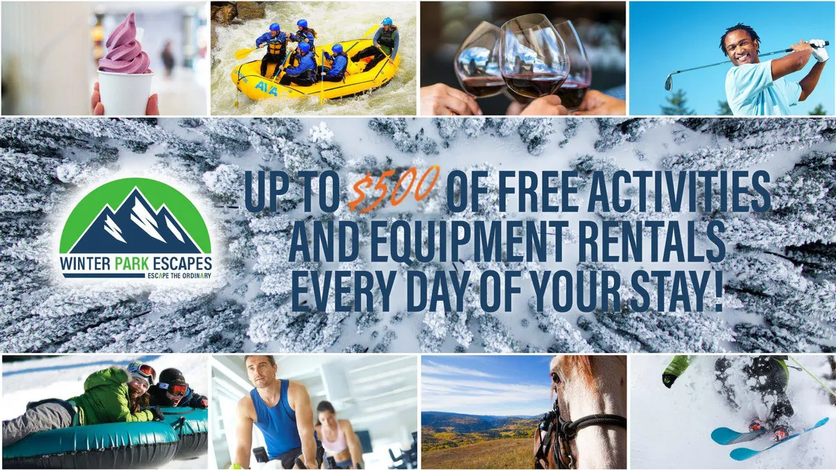 A dynamic collage of outdoor activities: groups rafting on a rushing river, skiers descending snowy slopes, people golfing, wine tasting with friends, and children enjoying ice cream on a bright day. The image pulses with excitement and showcases a variety of seasonal adventures available to guests.